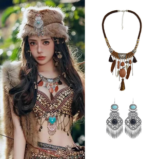 民族风异域风情项链女复古羽毛松石波西米亚耳环印第安人项圈配饰