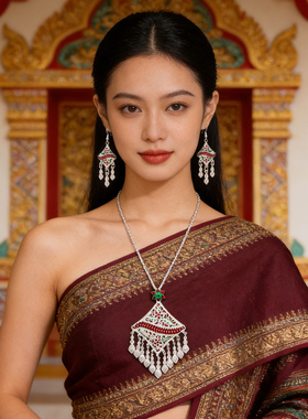 云南傣族银色镶钻舞蹈项链耳环