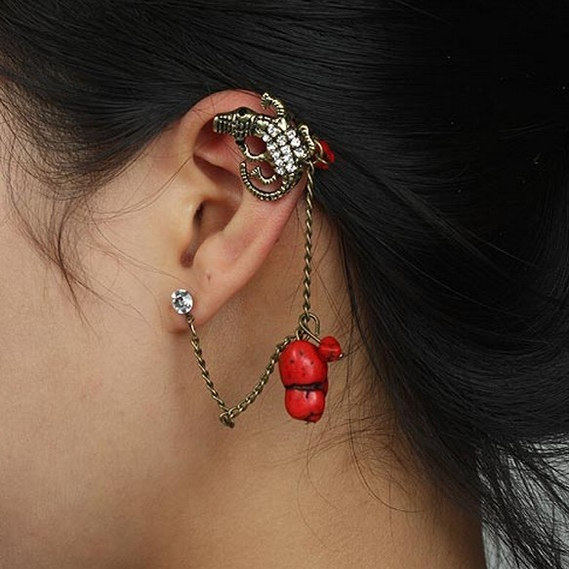 复古石鳄鱼蝎子流苏耳钉夹女