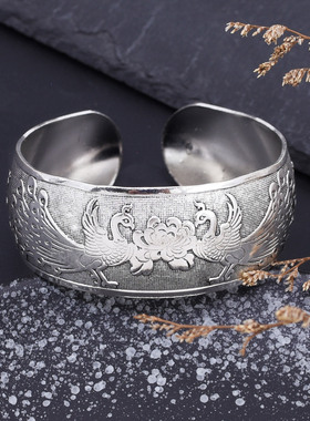 新款复古民族风孔雀花纹开口手镯