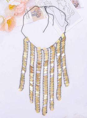 欧美夸张多层亮片流苏瀑布式项链
