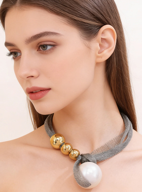 欧美跨境网眼人造珍珠球饰项链女