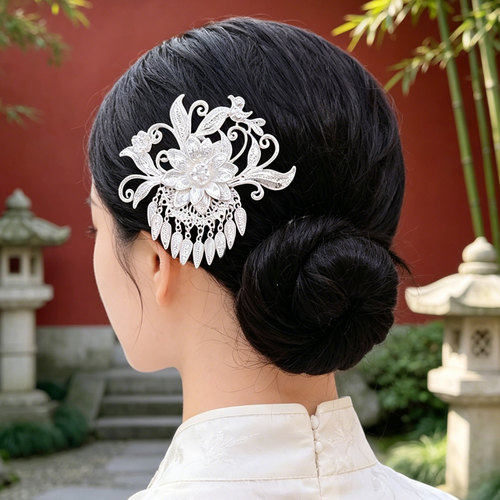 复古苗银镂空花鸟莲花流苏发簪女