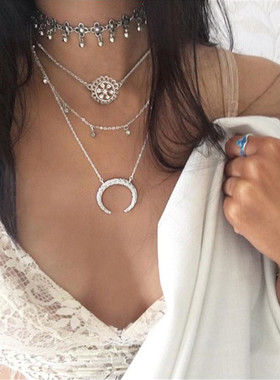 欧美波西米亚风镂空多层项链耳环