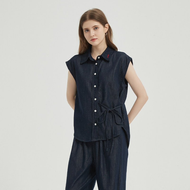 法式不对称系带亚麻牛仔无袖衬衫（水洗产品）