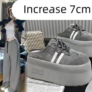 半拖鞋 7CM～松糕超厚底增高鞋 百搭系带包头拖鞋 新款 女 女2025秋季