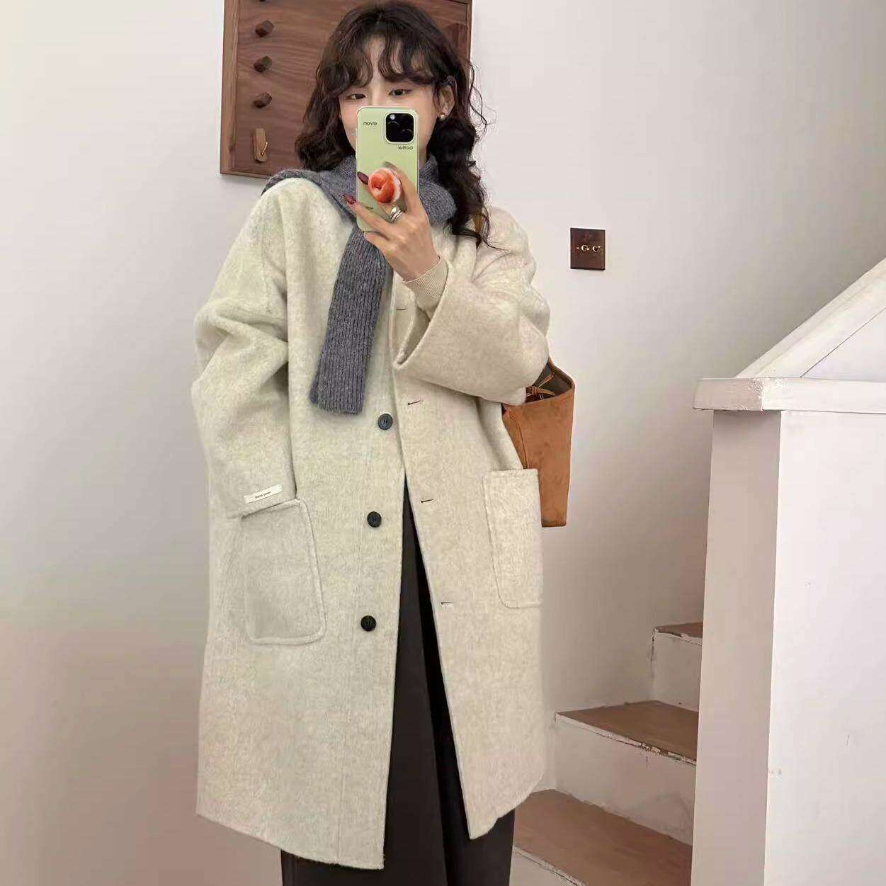 双面羊绒大衣女中长款2025秋冬新款韩版宽松显瘦羊毛呢子外套配帽