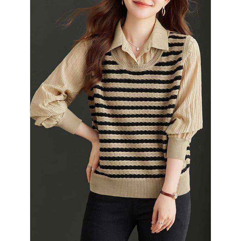 初秋季假两件上衣女春秋时尚洋气薄款拼接单穿打底针织衫2025新款