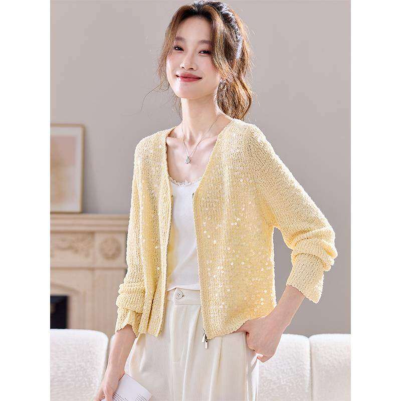 早秋亮片高级感针织开衫外套女春秋季2025新款今年流行爆款短上衣
