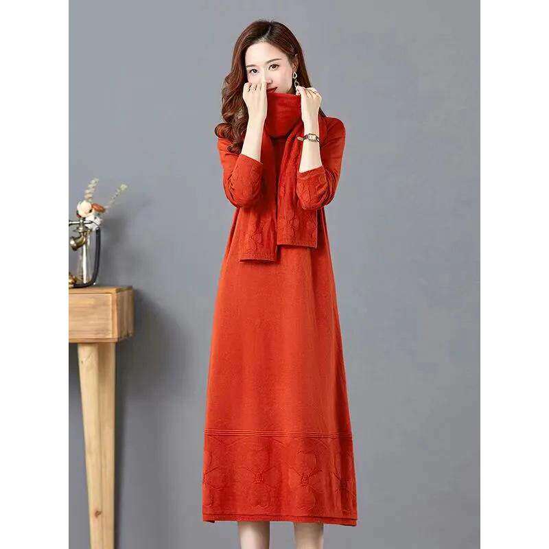 秋季中长款打底羊毛连衣裙女秋冬新款百搭加厚韩版宽松遮肉毛衣裙