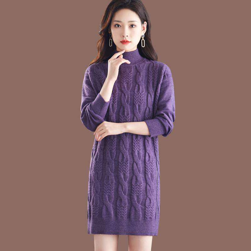 中长款羊毛针织连衣裙女2025新款秋冬季麻花内搭打底毛衣裙