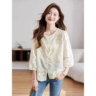 2025夏季新热款纯棉提花时尚圆领衬衫短袖女士薄易达豪华高端上衣