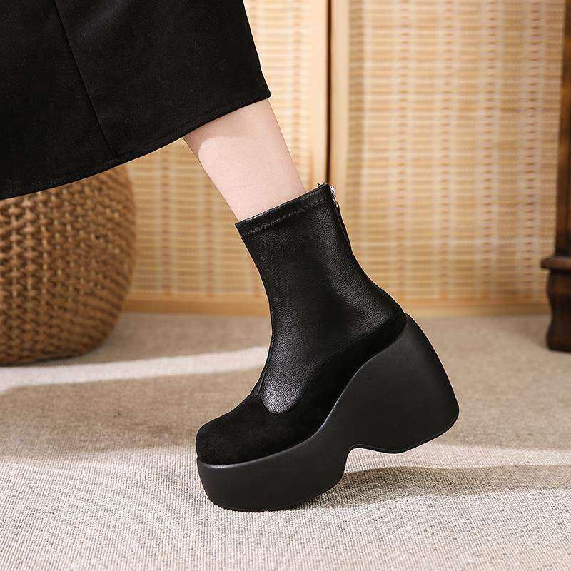 真皮大码短靴41到43冬厚底增高10cm女鞋洋气百搭小个子坡跟马丁靴,女鞋,马丁靴,淘宝优惠券,粉丝福利购,淘宝优惠卷