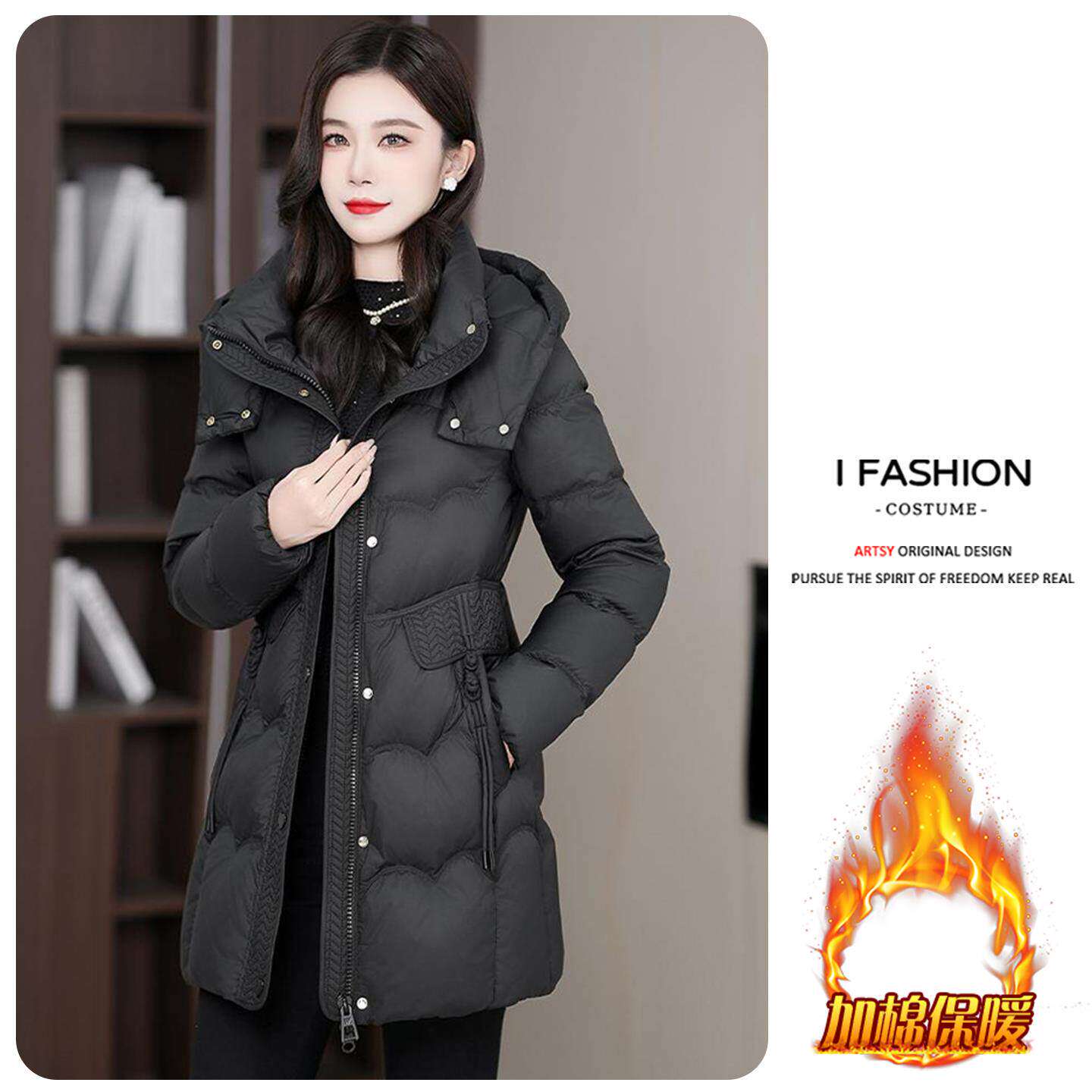 欧洲站加棉加厚连帽羽绒棉服女2025冬季新款中长款修身百搭大衣