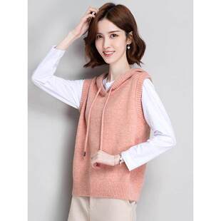 针织马甲女连帽秋外搭2025新款女士毛衣冬季纯色宽松背心毛线马夹