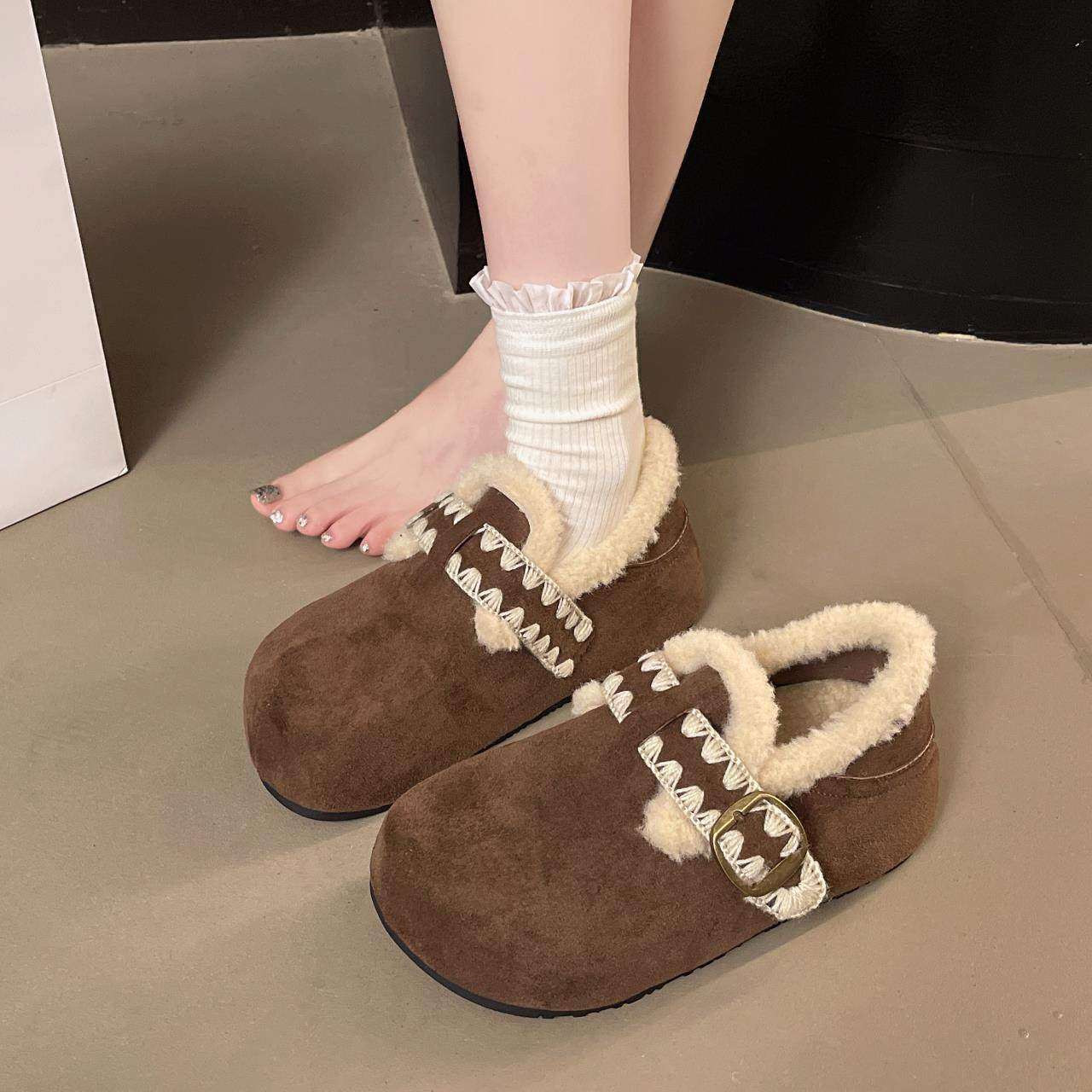 大码女鞋41到43勃肯鞋加绒厚底复古毛毛鞋2025新款冬保暖低帮棉鞋,女鞋,棉鞋,淘宝优惠券,粉丝福利购,淘宝优惠卷