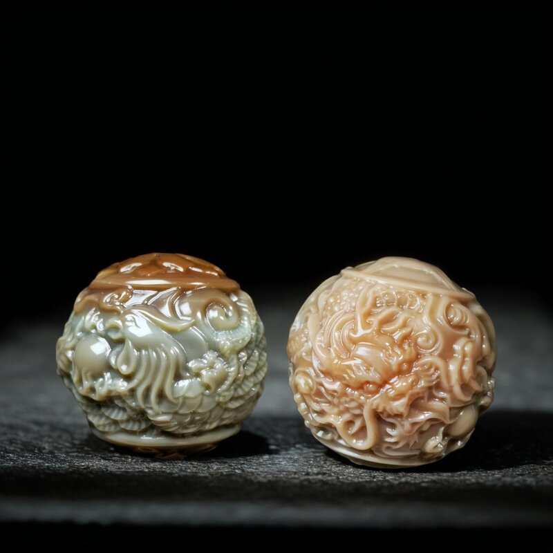 天然原矿阿拉善玛瑙绿碧玉龙凤呈祥珠四灵珠顶珠手串配饰DIY圆珠