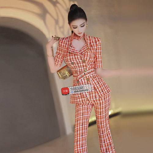 VJE夏季欧美印花减龄气质套装新款职业OL外套喇叭裤两件套