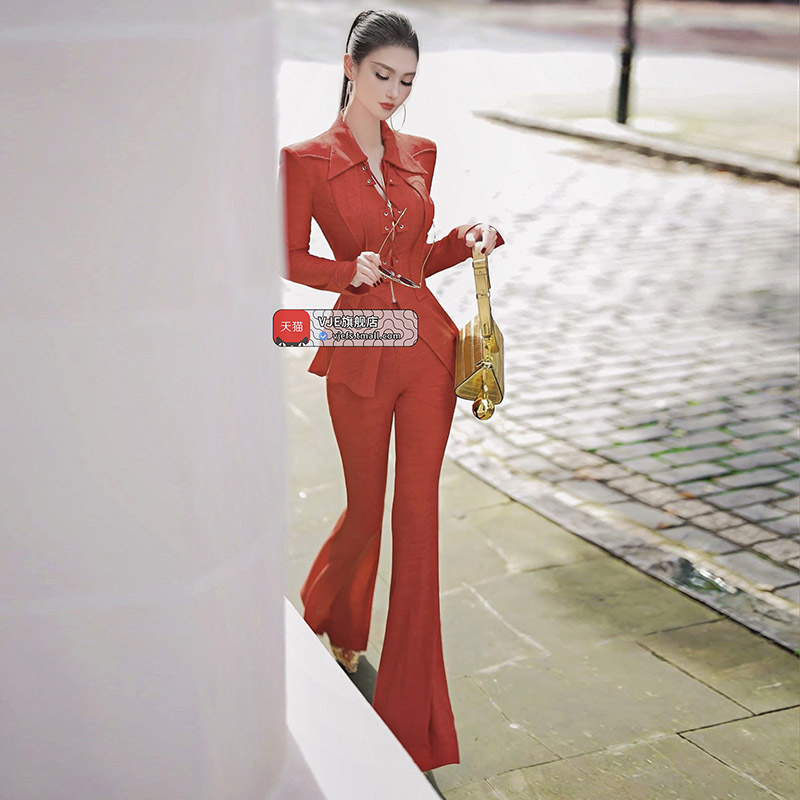 VJE秋季欧美气质干练套装新款别致开襟系绳上衣喇叭裤两件套