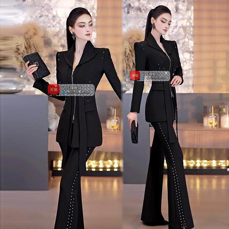 小众设计感加厚西服外套长裤两件套冬款气质干练铆钉西装套装