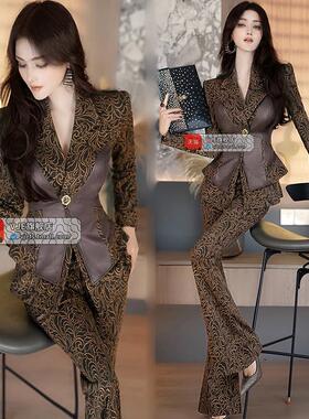 VJE设计师款拼接西装喇叭裤两件套秋冬立体剪裁OL职业套装