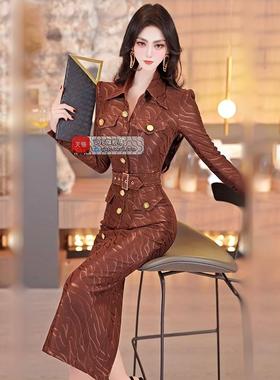 VJE春季OL风收腰长袖连衣裙2025新款设计感女神范修身包臀衬衫裙