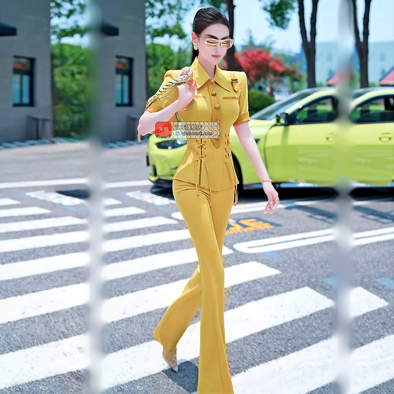 VJE夏季气质职业OL套装女2025新款抽绳设计上衣喇叭裤两件套
