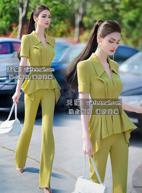 VJE夏季果绿色套装女新品时尚小裙摆外套垂顺微喇叭裤两件套