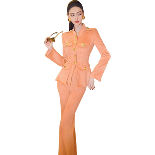 VJE秋冬军装风套装新品小高领外套高腰喇叭裤两件套