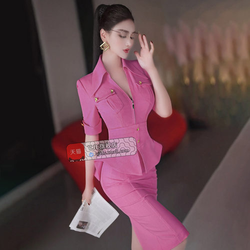 VJE夏季设计感OL风过膝开衩衬衫裙新款干练假两件牛仔连衣裙