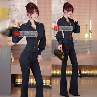 春季干练商务风OL套装2026女装新款帅气长袖外套微喇叭裤两件套