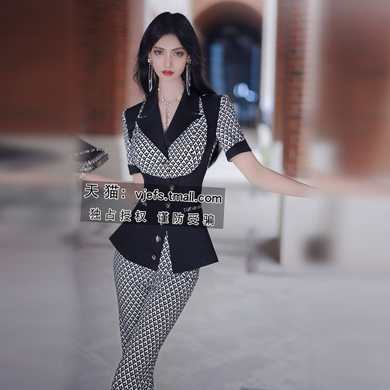 VJE夏季假两件气质职业套装女新品修身OL小西服喇叭裤两件套