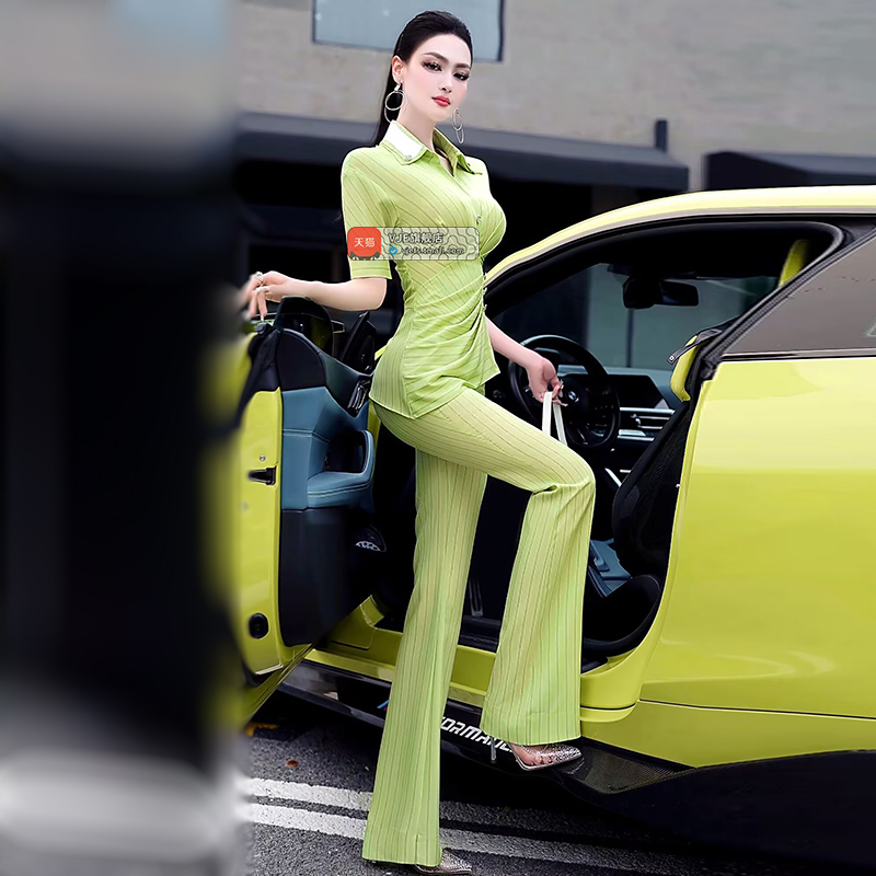 夏季条纹抽皱收腰衬衫微喇叭裤两件套2025新款轻熟风薄款休闲套装