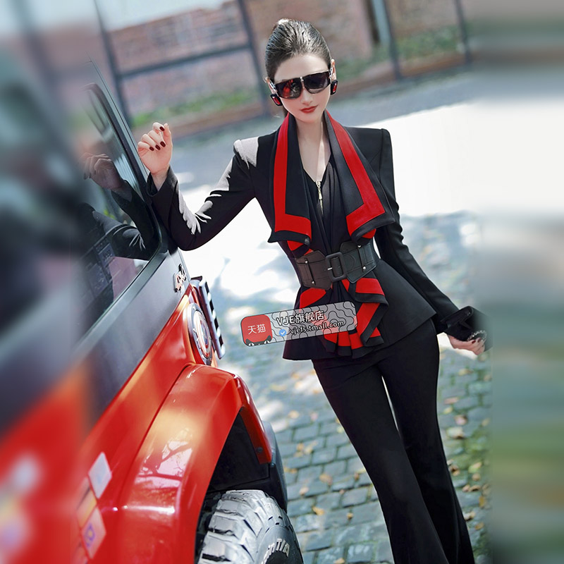 VJE秋季拼接设计感小众套装女装撞色外套喇叭裤两件套