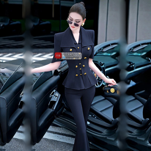 VJE夏季假两件气质干练OL职业套装2025新款小西服微喇叭裤两件套