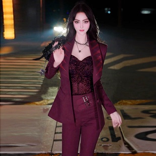 通勤OL西服套装 两件套2025新款 长裤 VJE深秋入冬酒红色拼接小西装