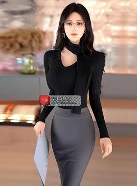 VJE秋冬黑色针织内搭女装新款气质V领修身显瘦长袖上衣