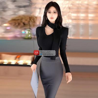 法式针织衫V复古V领飘带上衣