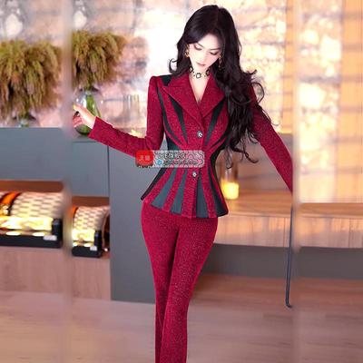VJE冬季欧美撞色拼接加厚职业西服套装新款西装喇叭裤两件套