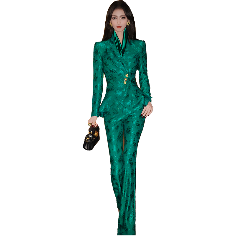 VJE春装名媛风气质减龄提花套装女新款小西服微喇叭裤两件套