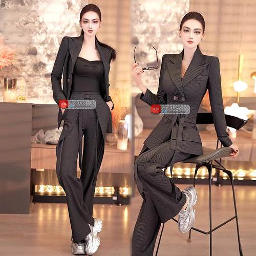 VJE春秋季条纹西装休闲西裤两件套2025新款气质干练职业商务套装