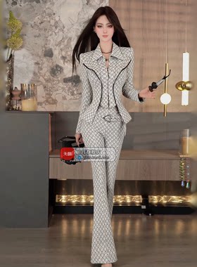 VJE欧美职业老钱风套装2026秋季新款气质OL外套微喇长裤两件套