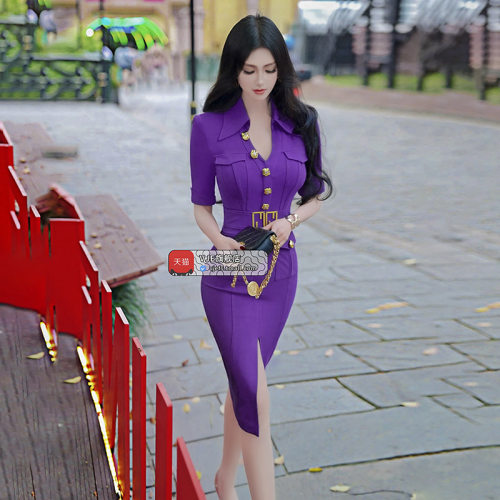 VJE夏季紫色女神范OL衬衫裙新品性感开衩中长款收腰连衣裙