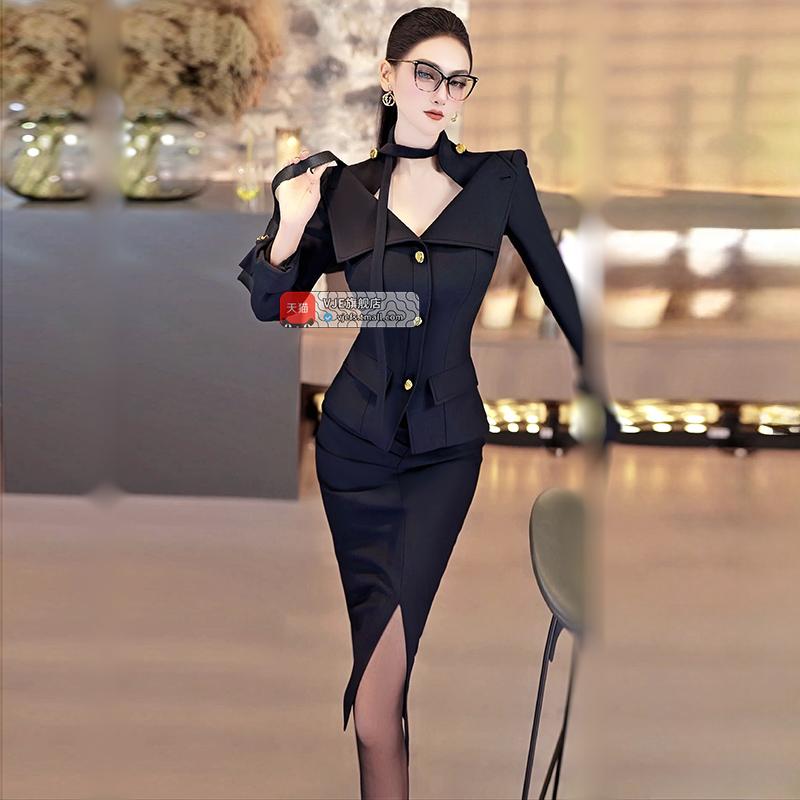 VJE春季OL小众上衣半裙套装一整套2025新款可调节翻领职业两件套