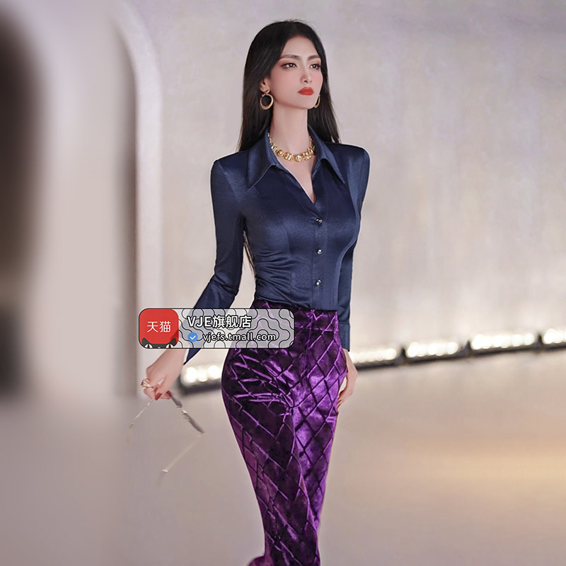 轻熟风藏青色衬衫气质干练上衣