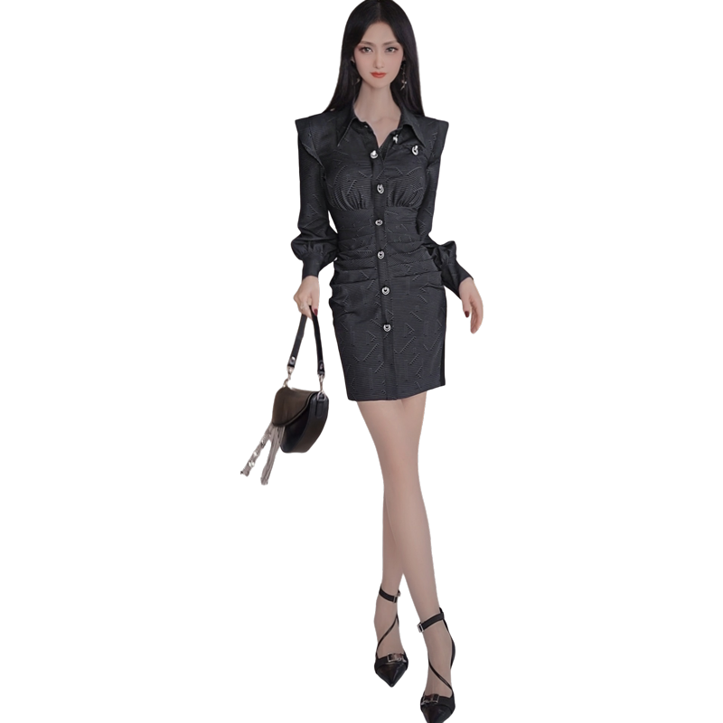 VJE秋季女装设计感抽皱飞袖衬衫裙新款黑色气质女人味连衣裙