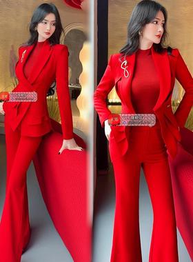 VJE秋冬商务通勤小西服垂感喇叭裤两件套新款红色OL西装套装