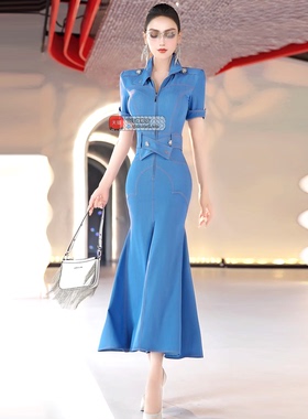 VJE夏季蓝色收腰气质干练连衣裙2025新款商务通勤过膝收腰长裙子