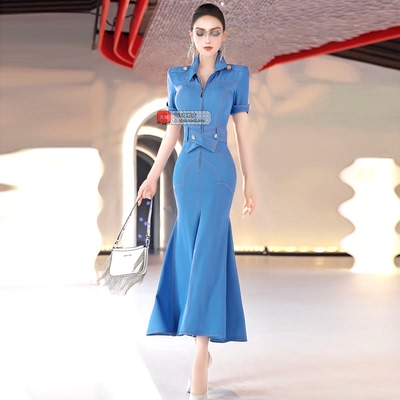 VJE夏季蓝色收腰气质干练连衣裙2025新款商务通勤过膝收腰长裙子