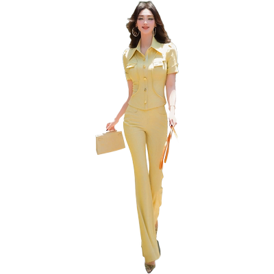 夏季时尚装饰造型分割短袖衬衫喇叭裤两件套新款干练减龄套装